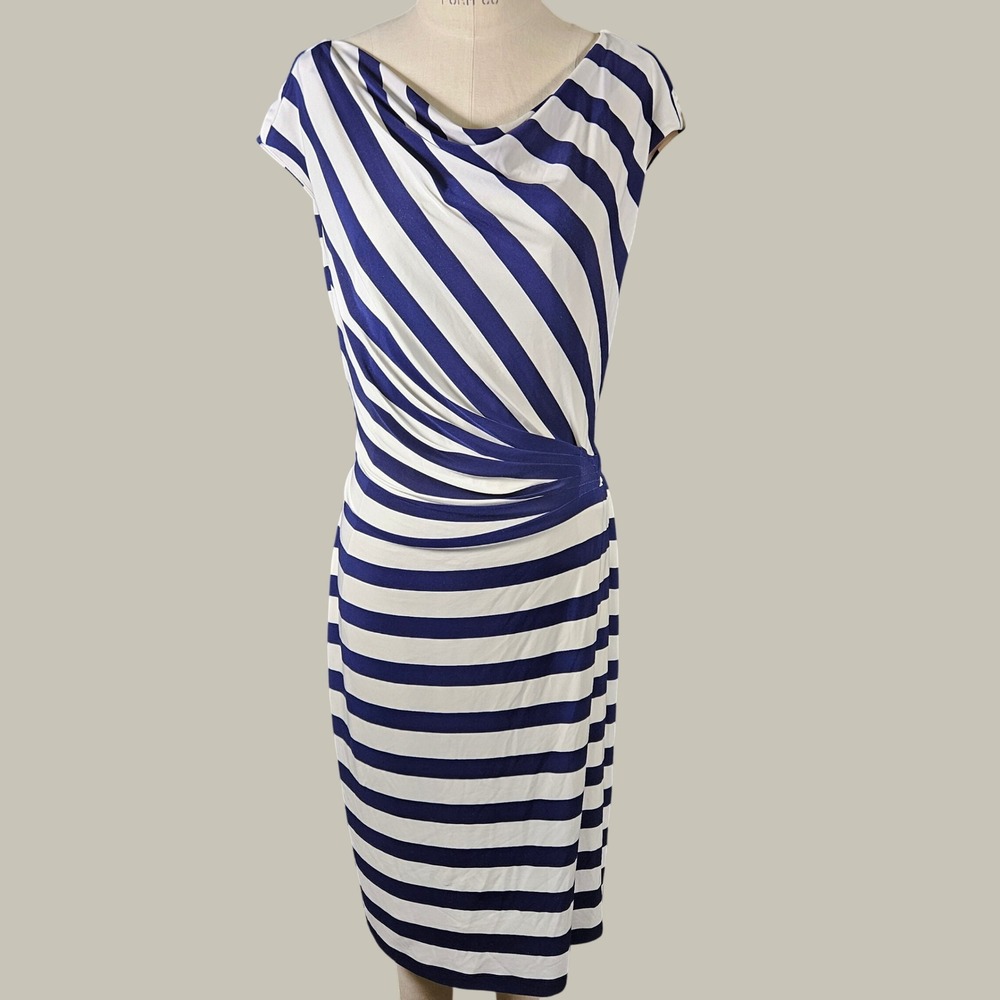 Lauren Ralph Lauren Blue White Striped Draped Sheath Dress Coastal Chic Sz 14